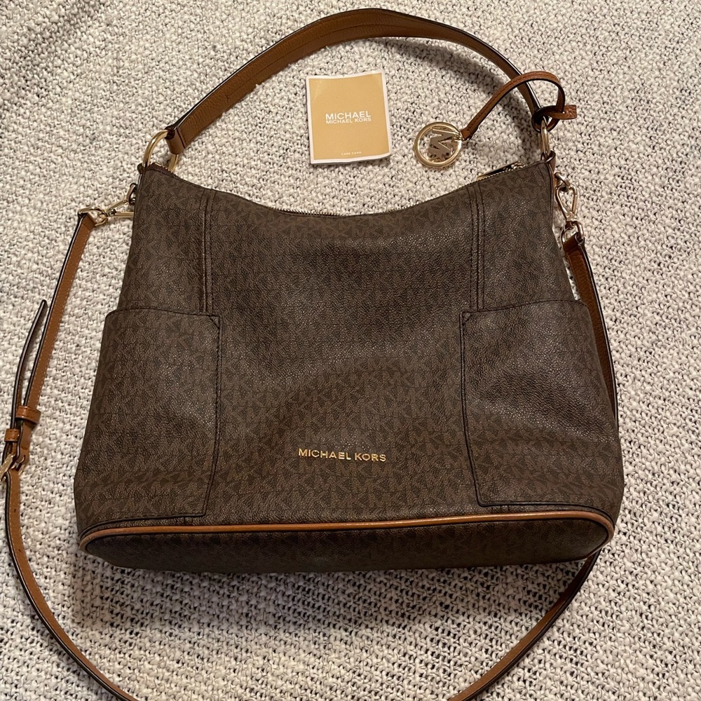 MICHAEL KORS Tan And Brown Large Convertible Logo Shoulder Bag